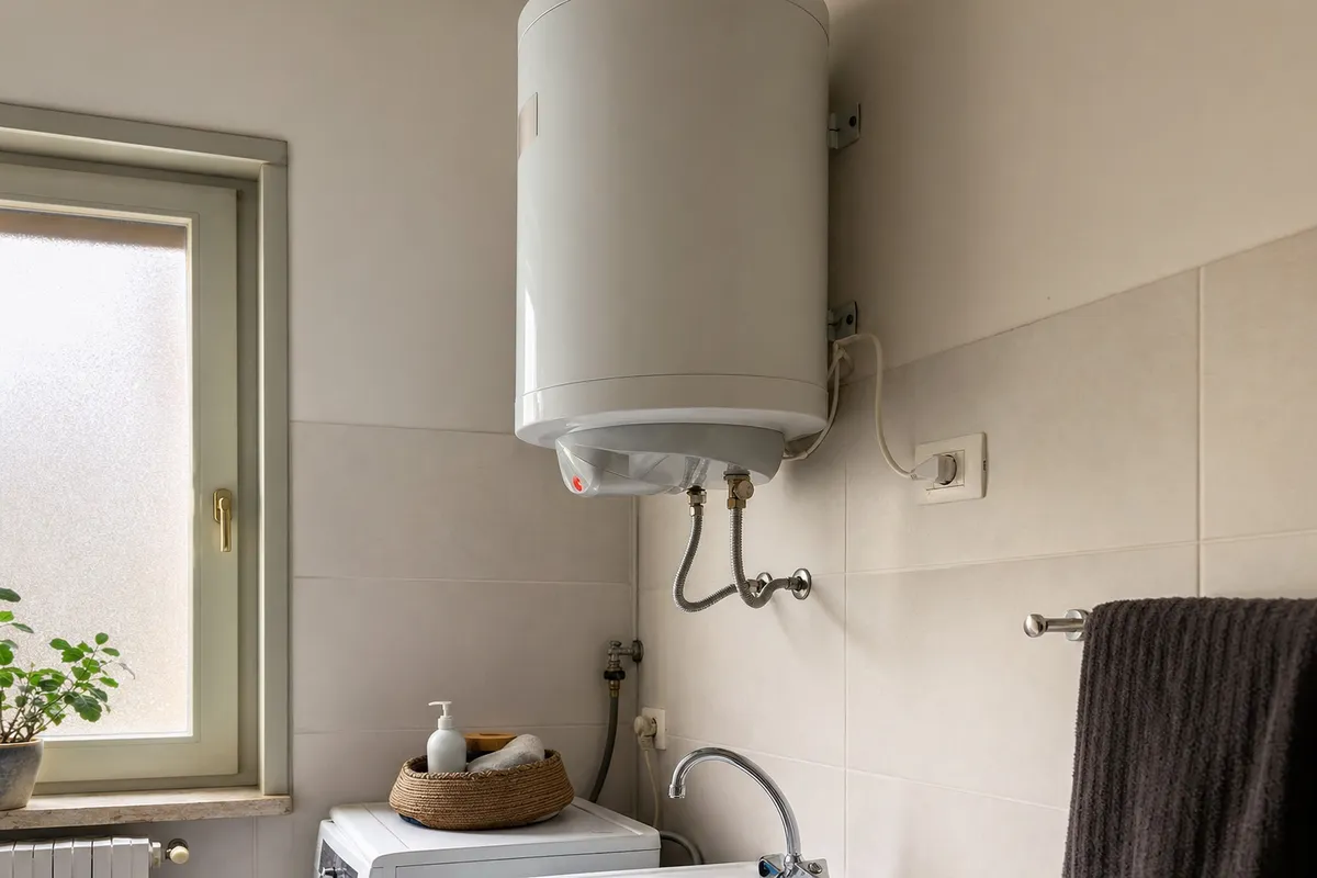 Scaldabagno elettrico a parete con spia rossa accesa sopra lavatrice e rubinetto, in angolo bagno con finestra