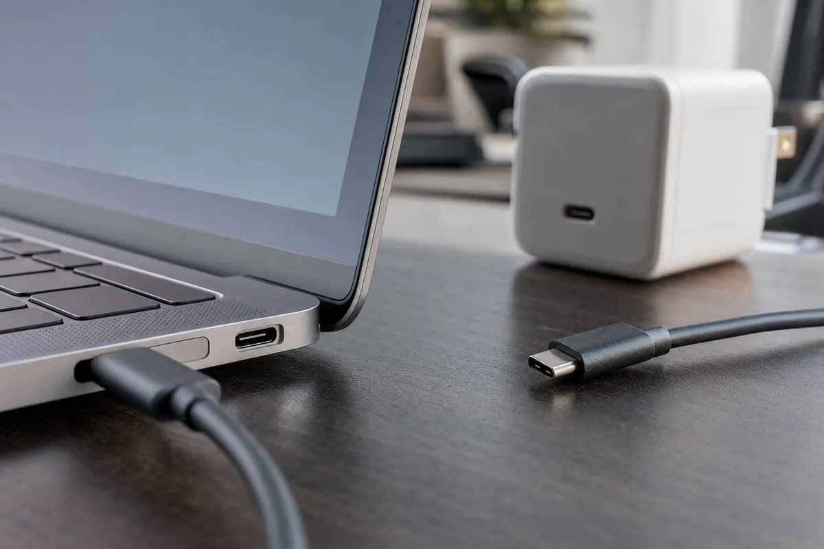 Portatile con cavo USB-C collegato e un altro cavo USB-C sul tavolo, con caricatore USB-C sullo sfondo