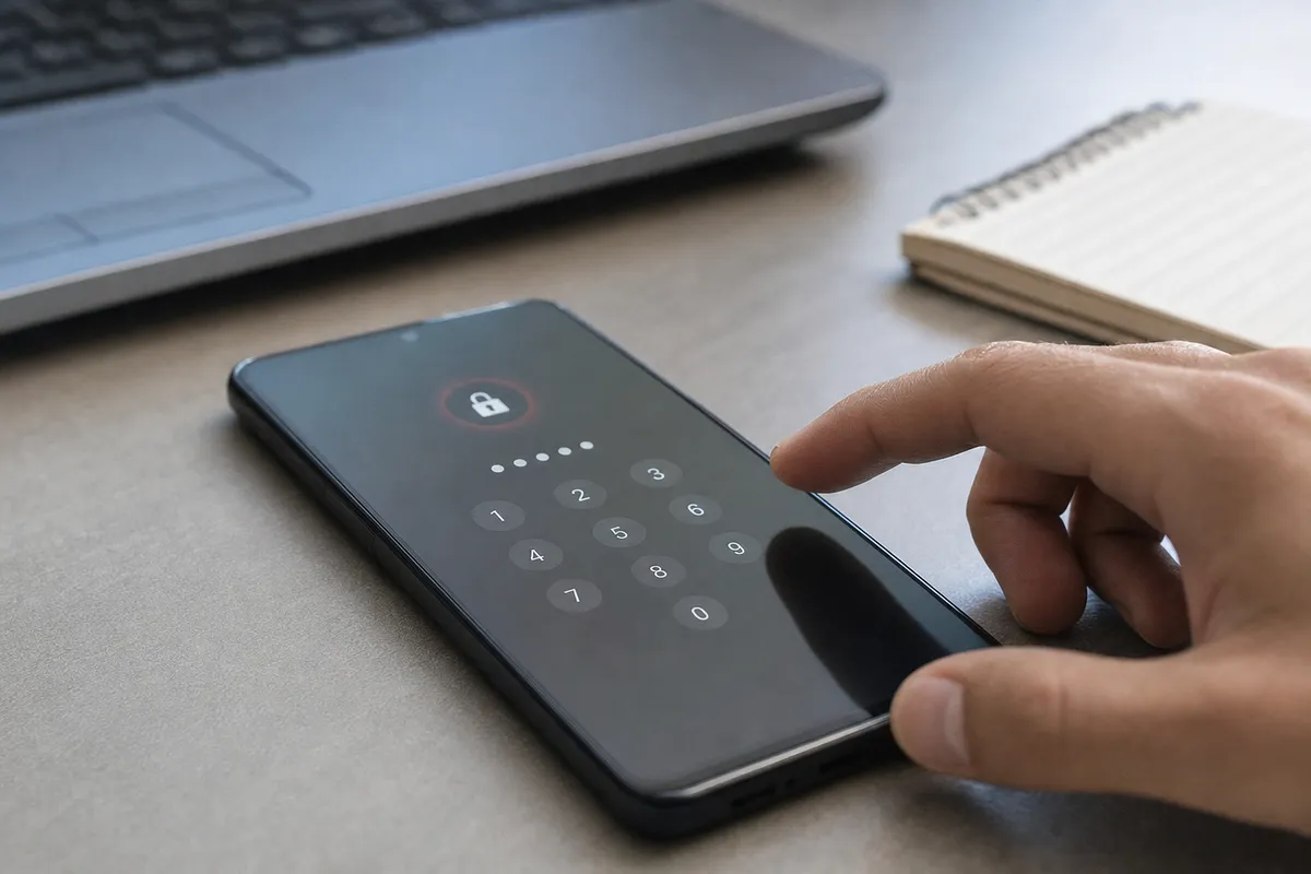 Mano vicino a uno smartphone con tastierino PIN e icona di blocco su una scrivania, con laptop sfocato sullo sfondo