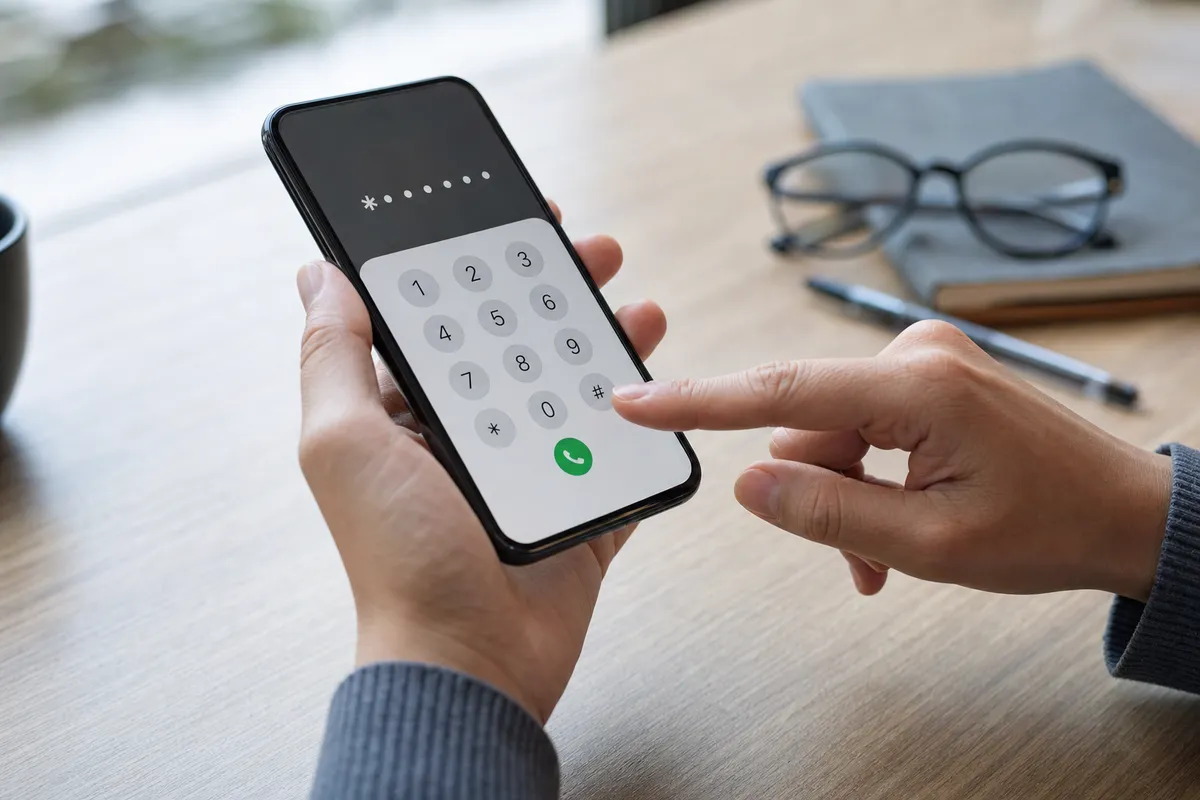 Mano che tiene uno smartphone con tastierino telefonico aperto, dito pronto a premere il tasto # su una scrivania