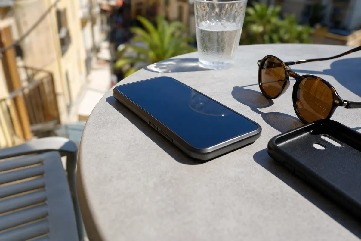 Smartphone su tavolino all’aperto al sole, con occhiali da sole, bicchiere d’acqua e cover rimossa