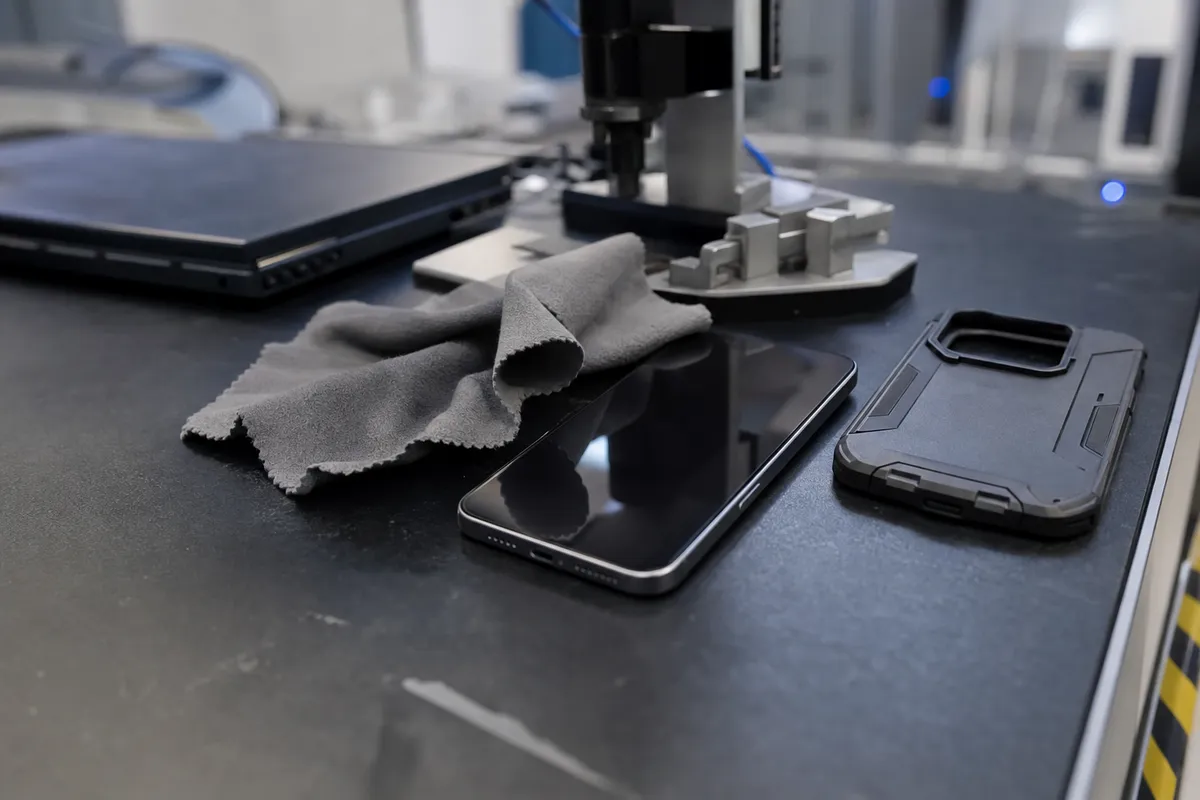 Smartphone su banco da laboratorio con panno in microfibra, custodia rugged e attrezzatura per test di caduta sullo sfondo