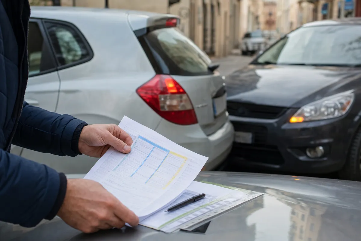 Modulo di constatazione amichevole e documenti sul cofano, con due auto ferme dopo un tamponamento
