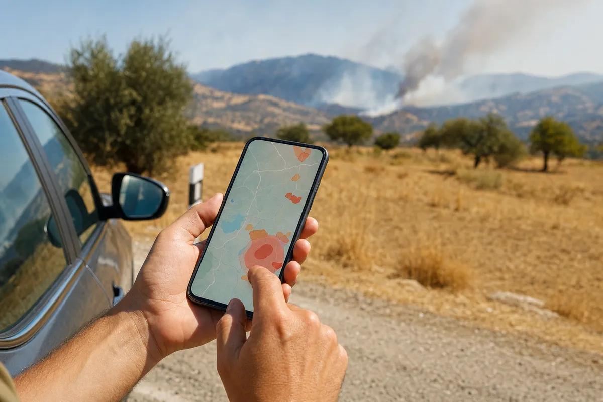 Mani con smartphone che mostra una mappa con aree rosse di rischio incendi, accanto a un’auto e fumo in lontananza