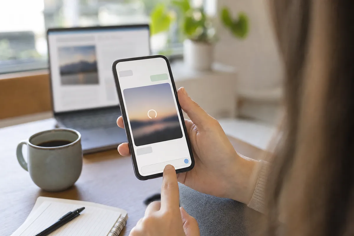 Persona usa uno smartphone con anteprima di immagine in caricamento in una chat, con laptop e tazza di caffè sul tavolo