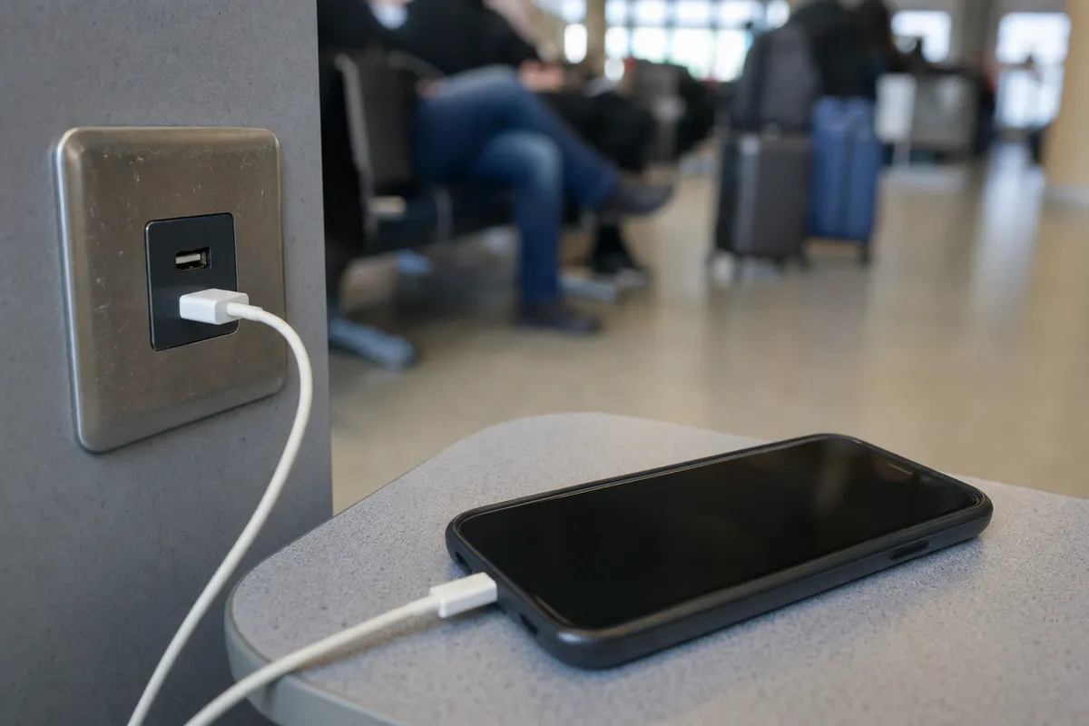 Smartphone in carica tramite cavo collegato a una porta USB pubblica in una sala d’attesa