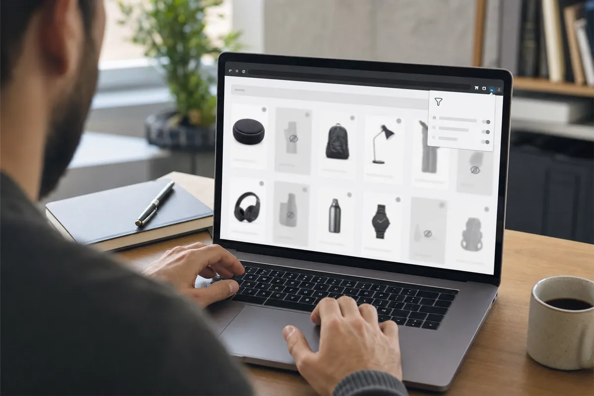 Persona al laptop con pagina di shopping online: alcuni prodotti sono sfocati e un pannello filtro è aperto