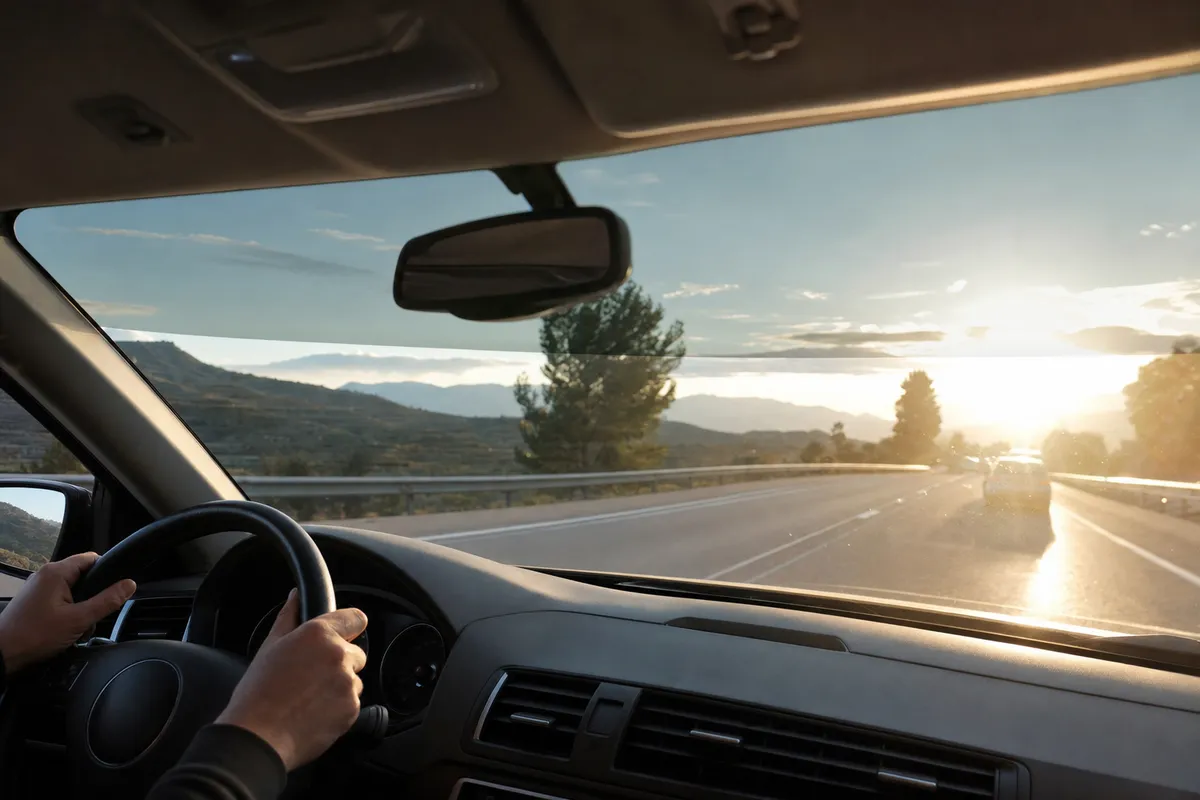 Interno auto con banda filtrante nel parabrezza e sole basso sulla strada davanti