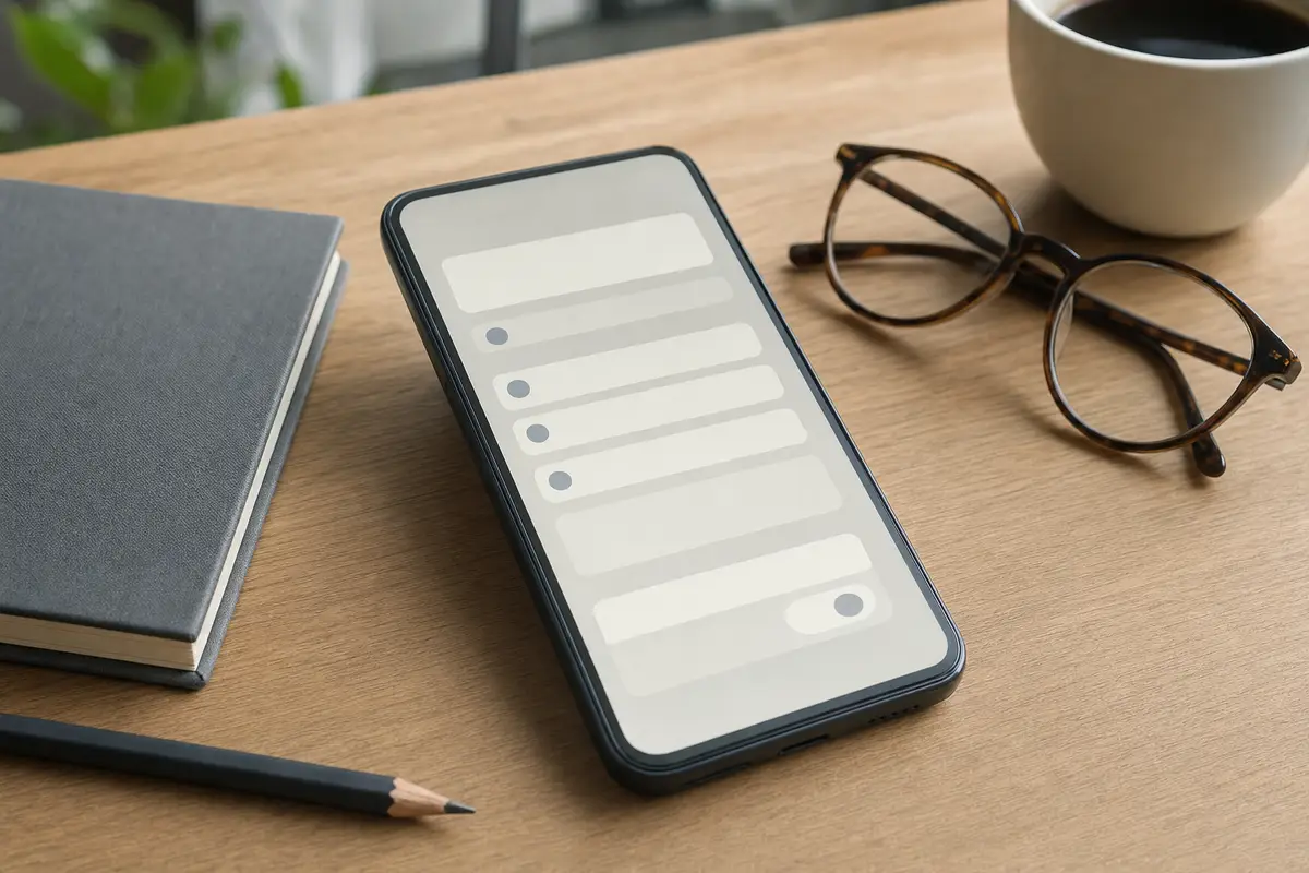 Smartphone su scrivania in legno con interfaccia minimale, accanto a taccuino, matita, occhiali e tazza di caffè