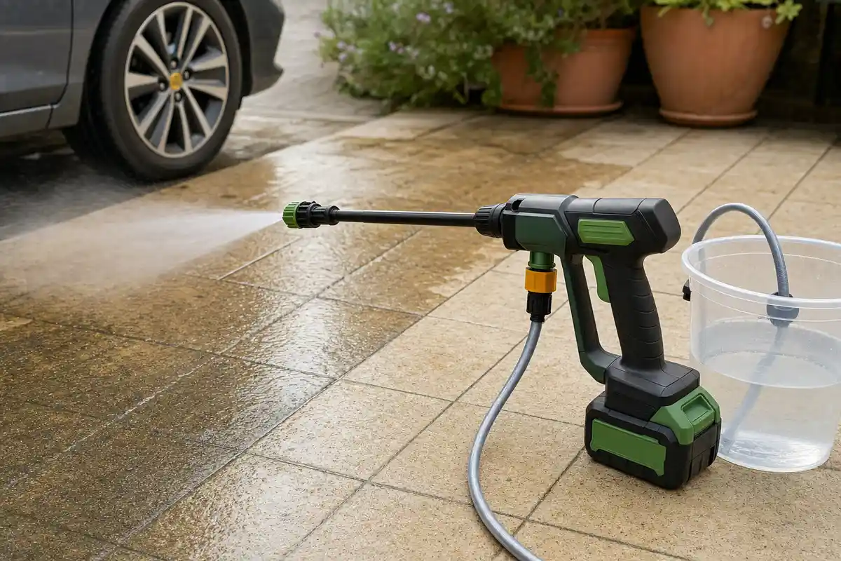 Idropulitrice senza fili con lancia e tubo di aspirazione in un secchio, mentre pulisce il pavimento della terrazza