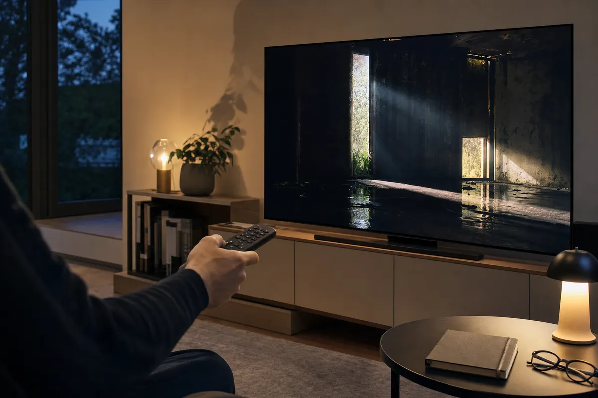 Mano con telecomando verso una grande TV in salotto, con scena scura e fasci di luce sullo schermo