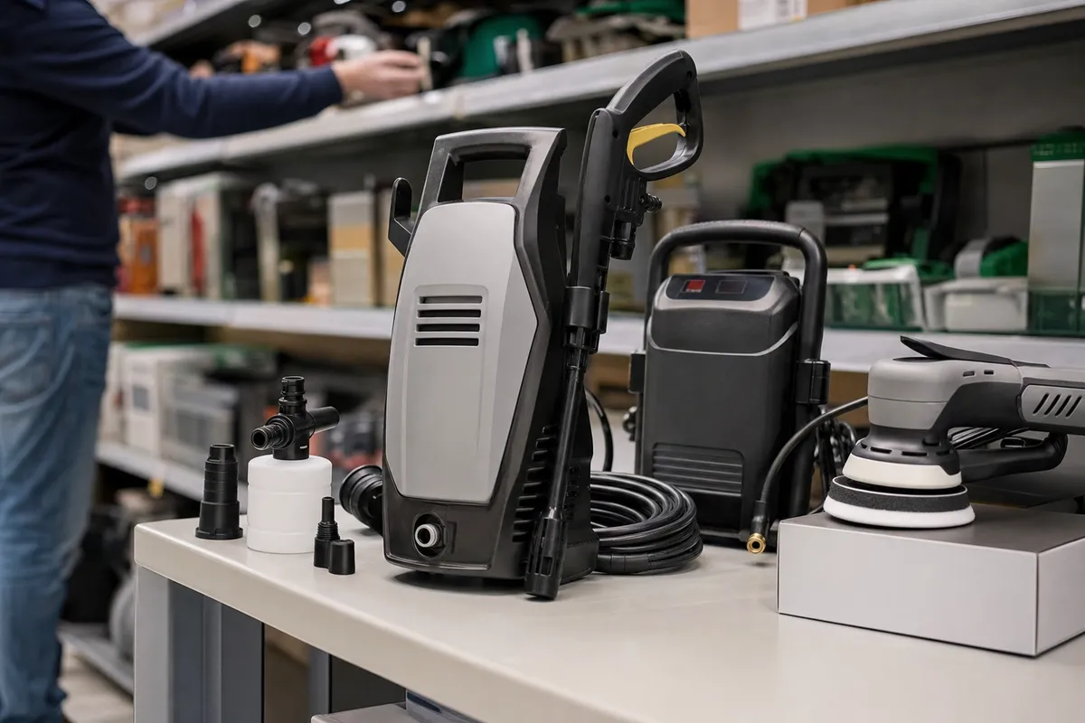 Idropulitrice compatta con tubo e lancia su banco espositivo, accanto a compressore portatile e lucidatrice