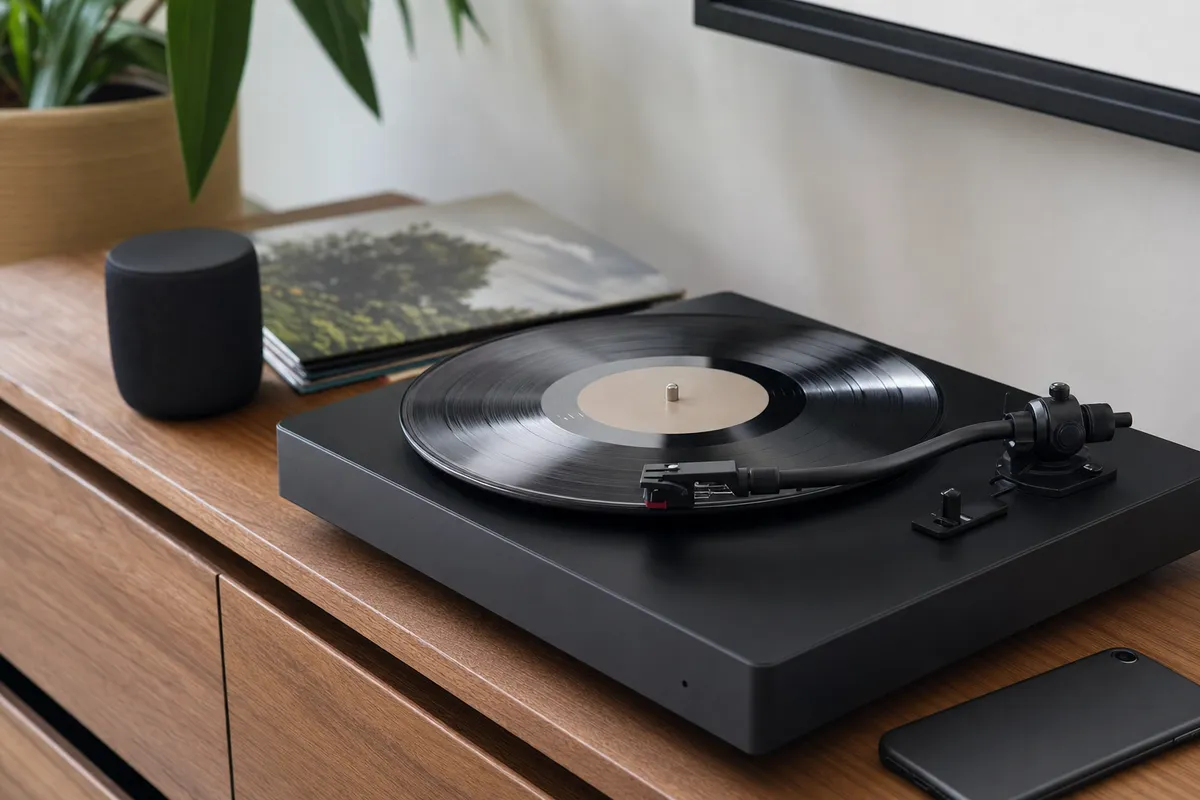 Giradischi nero con vinile in riproduzione su mobile in legno, con speaker wireless e smartphone accanto