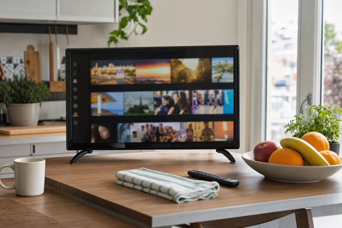 Piccola smart TV accesa su un tavolo in cucina con telecomando, tazza e frutta vicino alla finestra