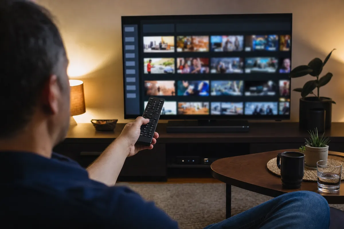 Persona sul divano con telecomando puntato verso Smart TV con menu canali e miniature in salotto illuminato