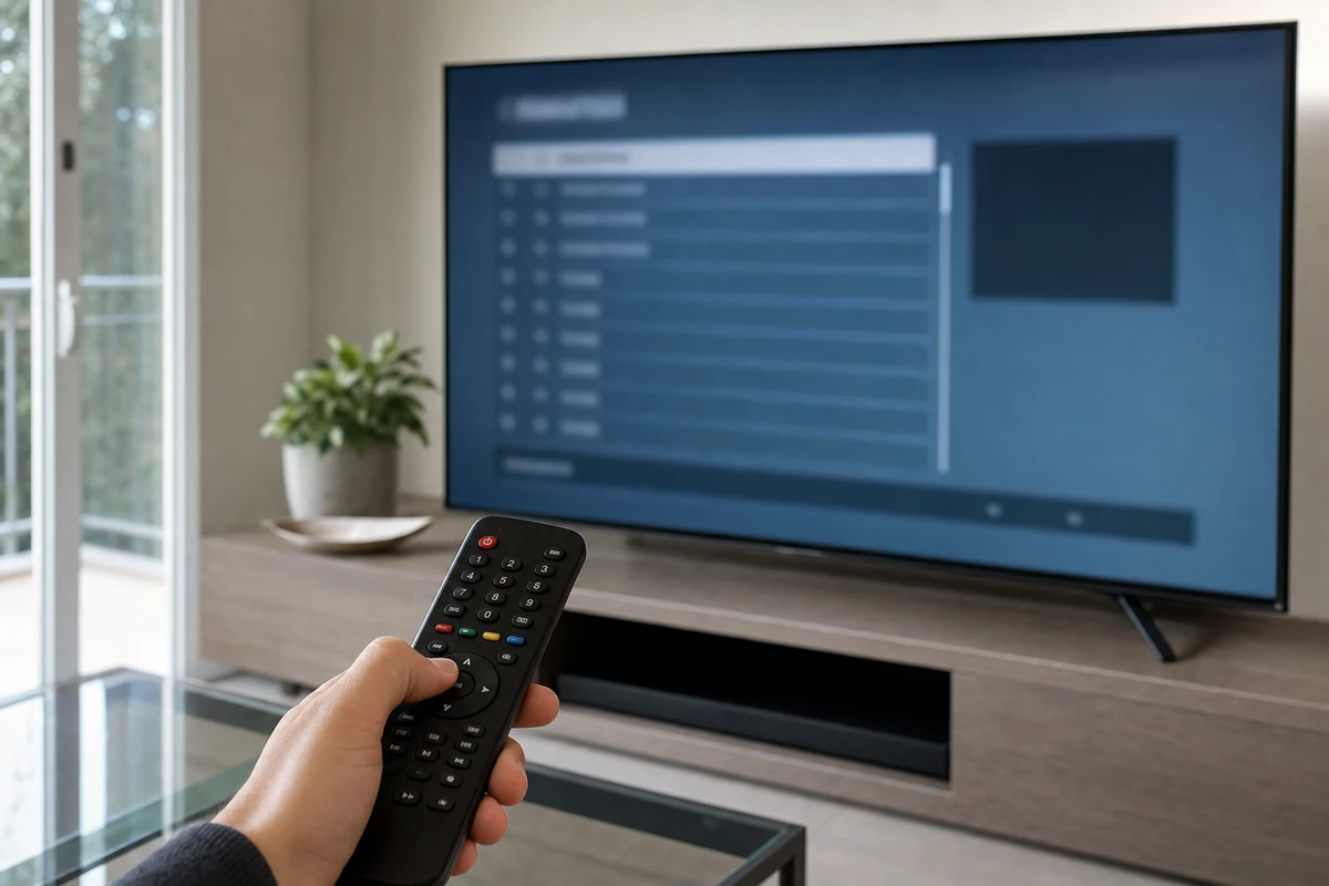 Telecomando puntato verso una TV con menu elenco canali sfocato in salotto luminoso