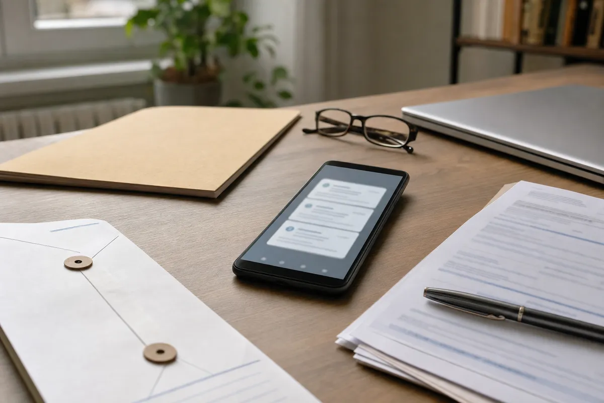 Smartphone con notifiche sfocate accanto a busta cartacea e documenti su una scrivania di home office