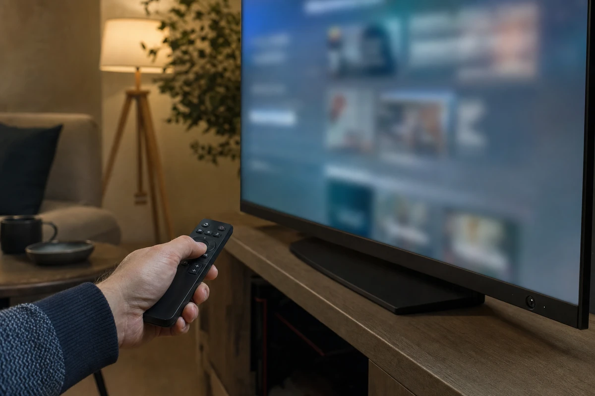 Mano con telecomando davanti a una smart TV accesa con menu sfocato, in salotto con lampada e divano