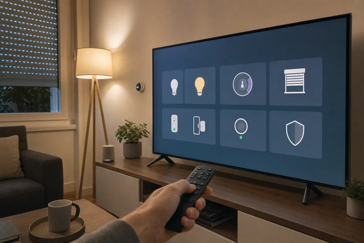 Telecomando puntato verso una TV con dashboard per controllare luci, termostato, tapparelle e sicurezza in salotto