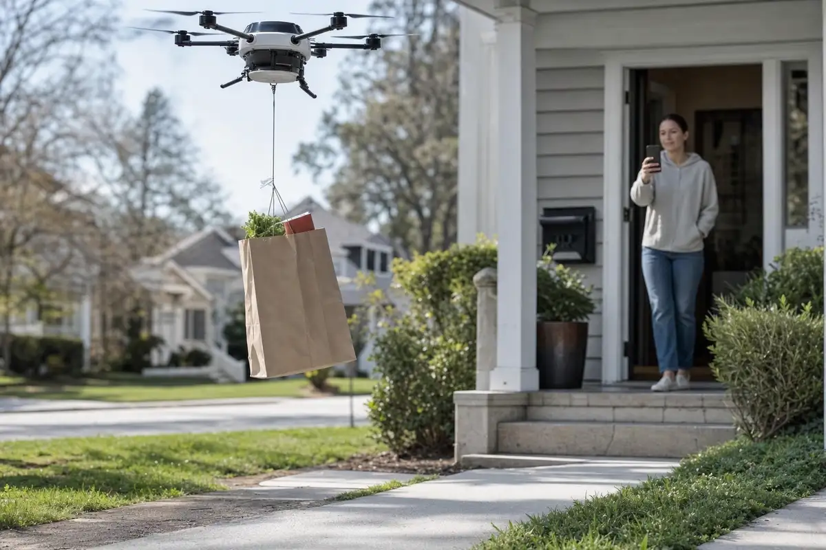 Drone di consegna sospende una busta della spesa davanti a una casa, mentre una donna riprende con lo smartphone