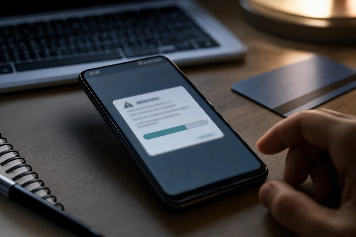 Smartphone su una scrivania con avviso di sicurezza sfocato e barra di avanzamento, laptop sullo sfondo e mano vicino