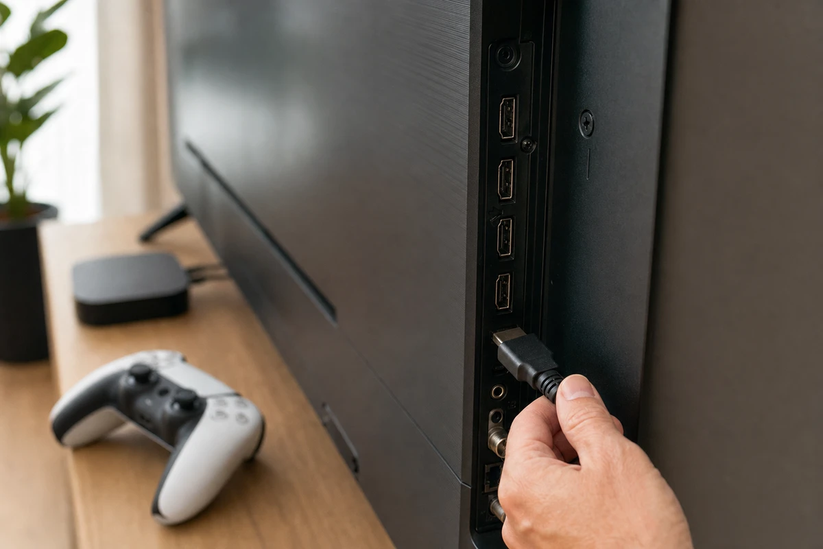 Mano che collega un cavo HDMI alle porte sul retro di una TV, con controller e box streaming sfocati sul mobile