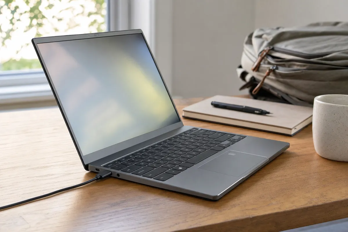 Laptop sottile su scrivania in legno con cavo USB-C collegato, taccuino e penna, zaino e tazza sullo sfondo