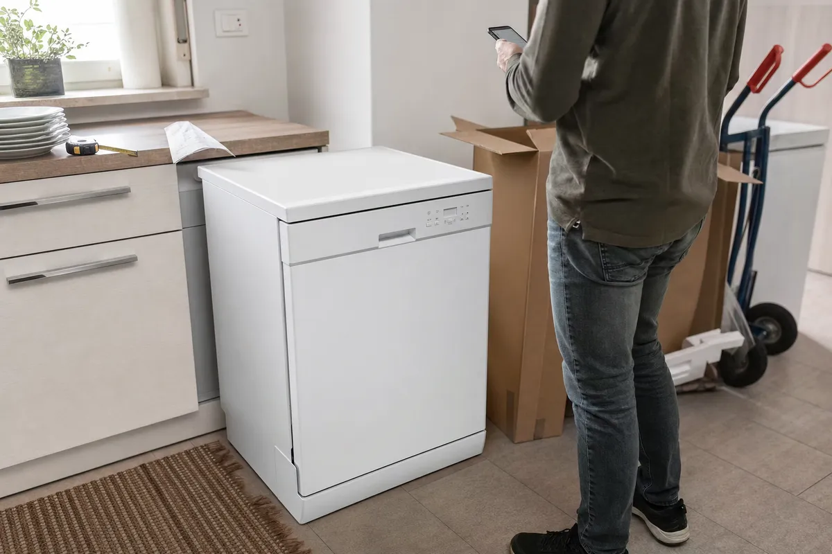 Lavastoviglie bianca in cucina mentre una persona controlla lo smartphone vicino a scatole e carrello