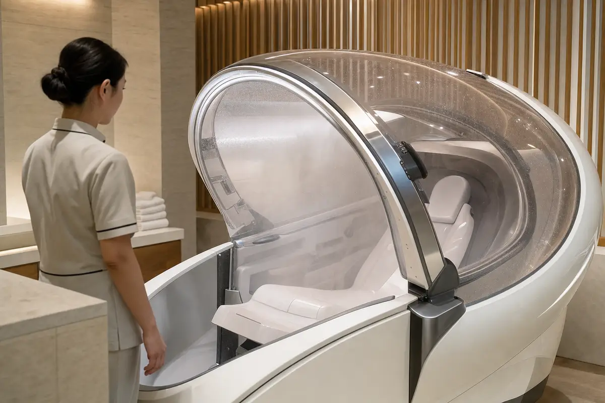 Tecnico in spa accanto a una capsula da bagno futuristica con sportello trasparente aperto e seduta reclinabile