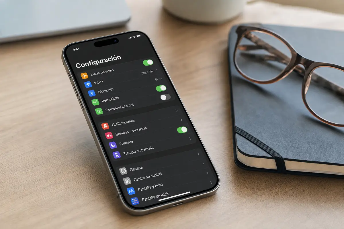 iPhone su scrivania con l’app Impostazioni aperta in modalità scura, accanto a quaderno e occhiali