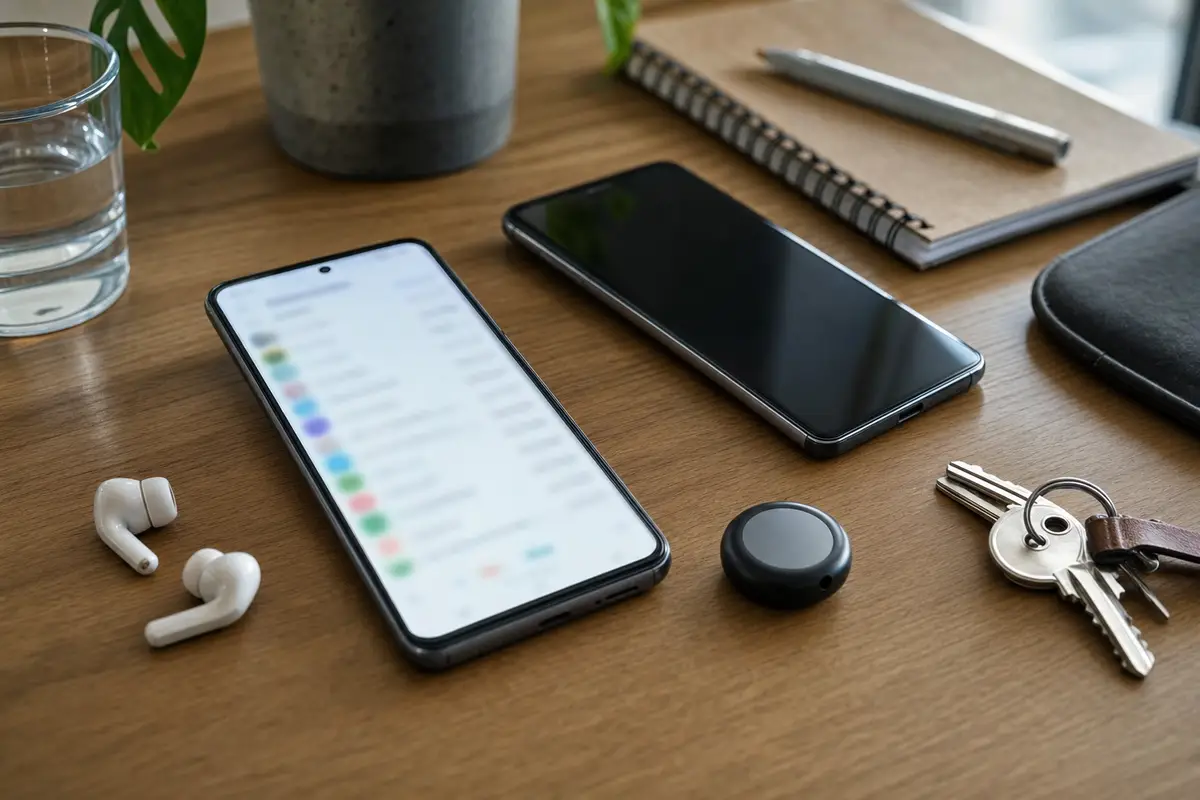 Smartphone con schermata sfocata su scrivania in legno, con secondo telefono, auricolari, tracker rotondo, chiavi e taccuino