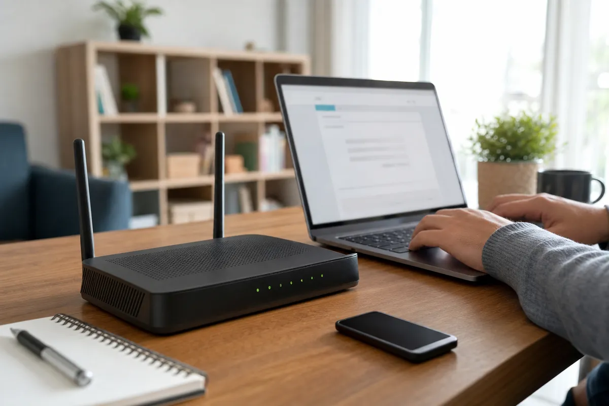 Router Wi‑Fi su una scrivania accanto a un laptop con pagina impostazioni sfocata e mani che digitano