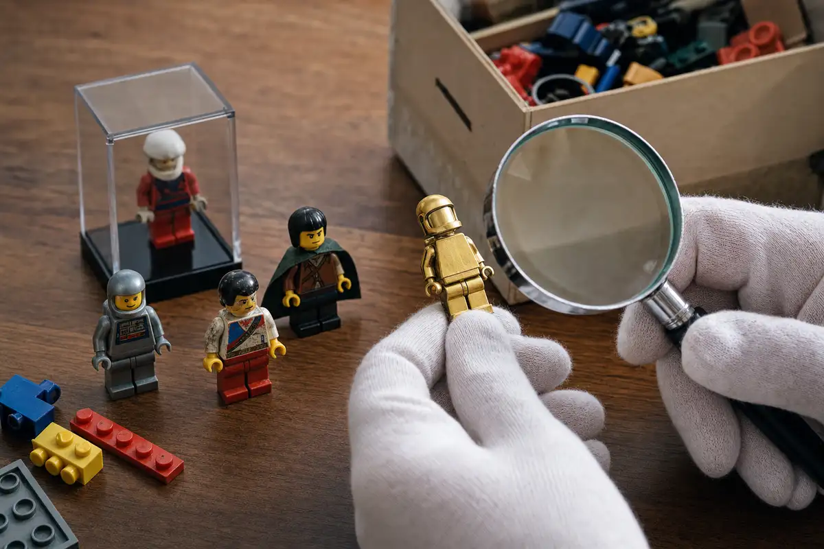 Mani con guanti esaminano una minifigure dorata con una lente d’ingrandimento su un tavolo di legno
