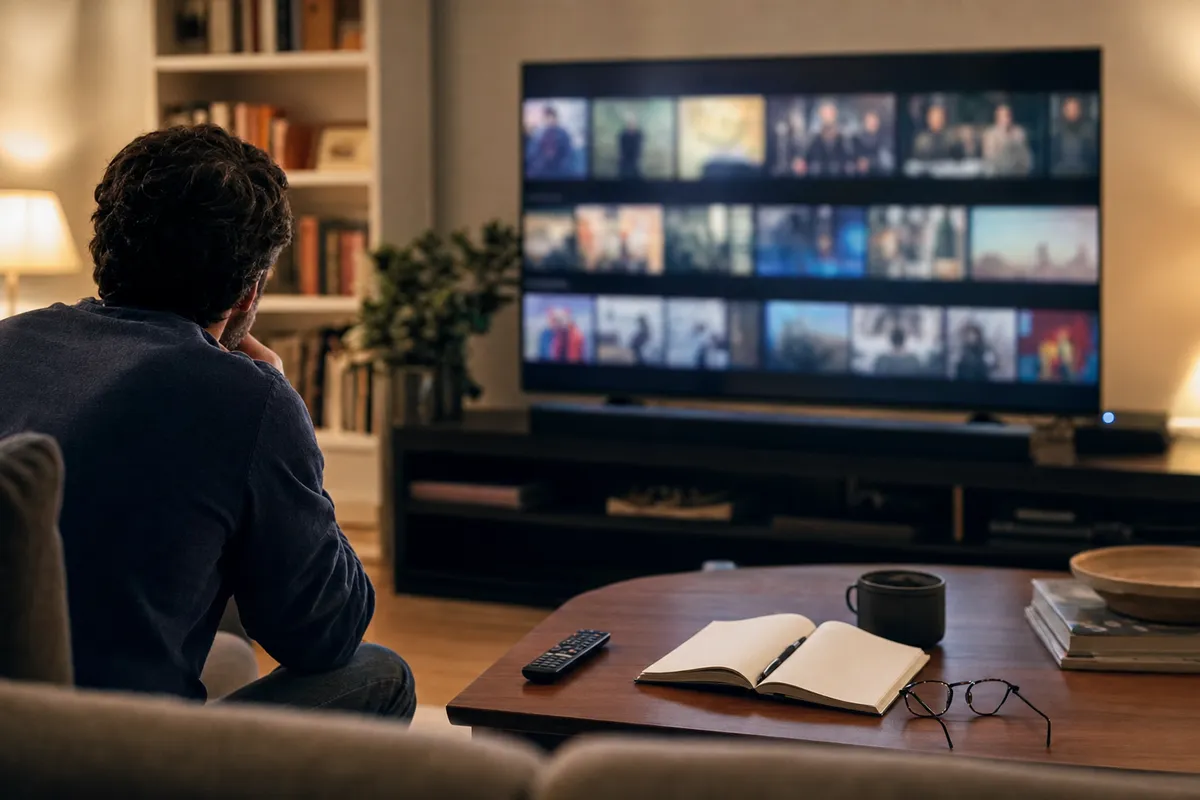 Uomo sul divano guarda una TV con schermata di streaming sfocata; sul tavolino telecomando, taccuino aperto e occhiali
