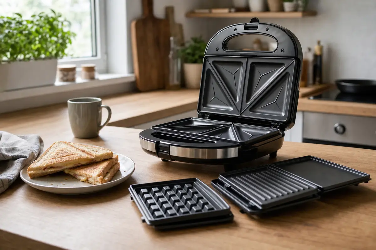 Tostiera elettrica aperta con tre piastre intercambiabili e sandwich tostato su un piatto in cucina
