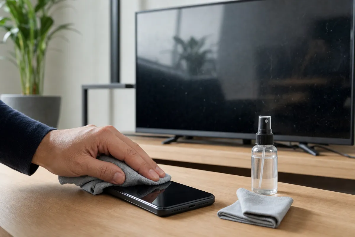 Mano che pulisce lo schermo di uno smartphone con panno in microfibra su tavolo, con spray e TV spenta sullo sfondo