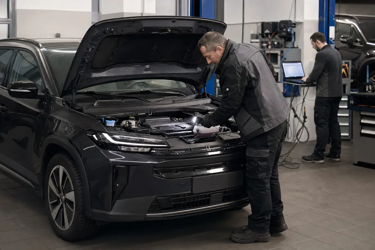 SUV elettrico scuro con cofano aperto in officina, meccanico ispeziona il vano motore mentre un tecnico usa un laptop
