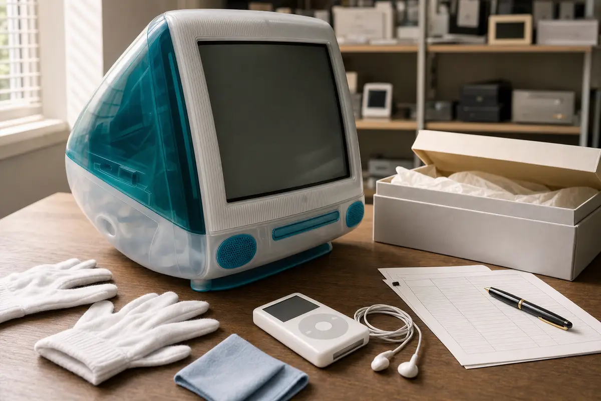 Computer vintage traslucido azzurro e lettore musicale portatile bianco su scrivania con guanti e checklist