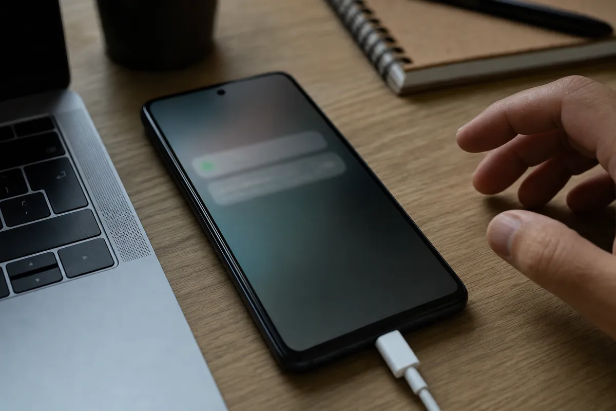 Smartphone su scrivania con notifiche sfocate, cavo di ricarica inserito, mano che si avvicina e laptop accanto