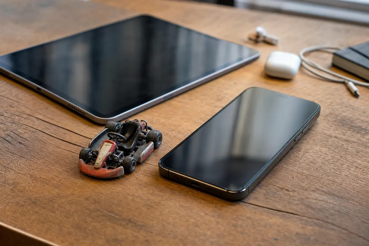 Smartphone e tablet con schermo nero su tavolo in legno accanto a un modellino di kart usurato