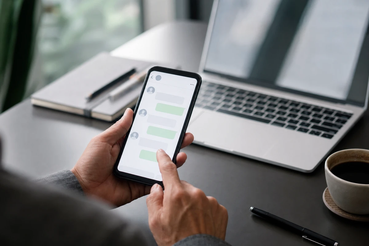 Mani che usano uno smartphone con chat di messaggistica su una scrivania, con laptop, taccuino e caffè