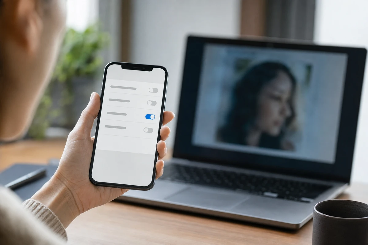 Mano che tiene uno smartphone con schermata di impostazioni e interruttori, con laptop sfocato e volto sullo sfondo