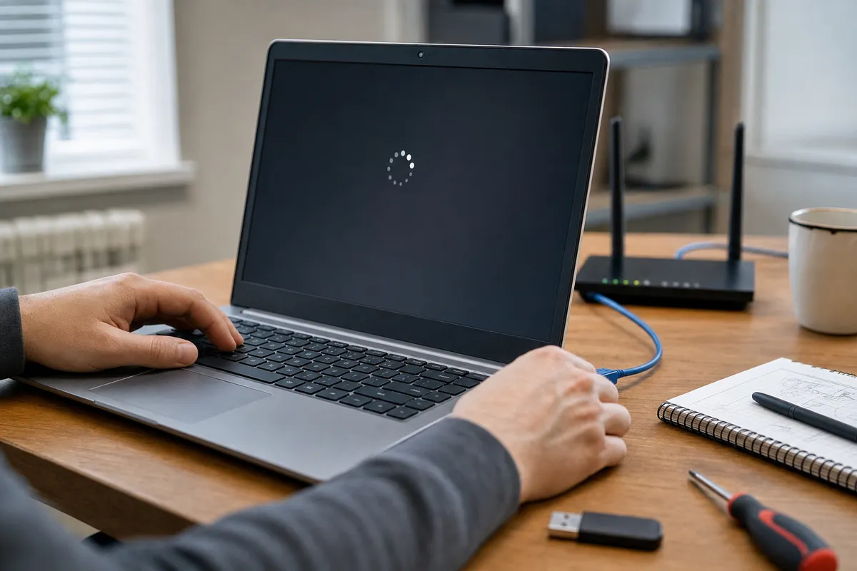 Portatile con schermata di caricamento, cavo Ethernet collegato e chiavetta USB sul tavolo, con mani sulla tastiera