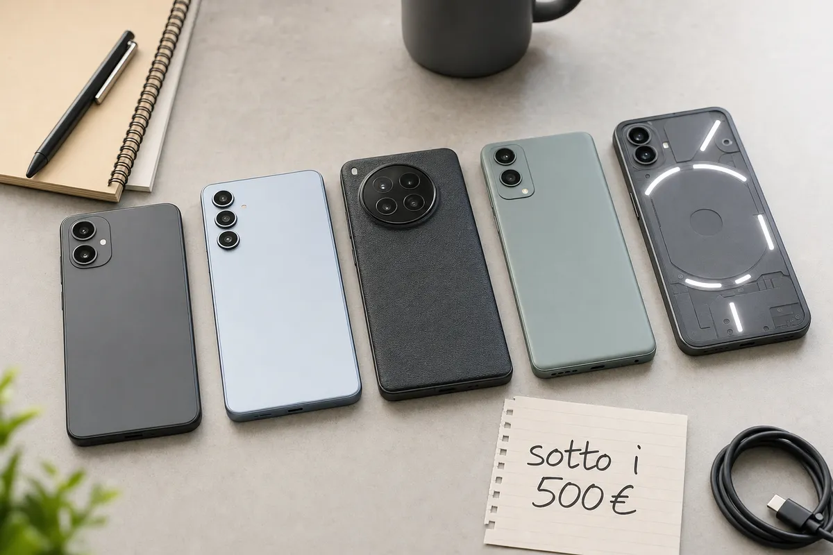 Cinque smartphone affiancati su una scrivania con taccuino, tazza, cavo USB‑C e foglio “sotto i 500€