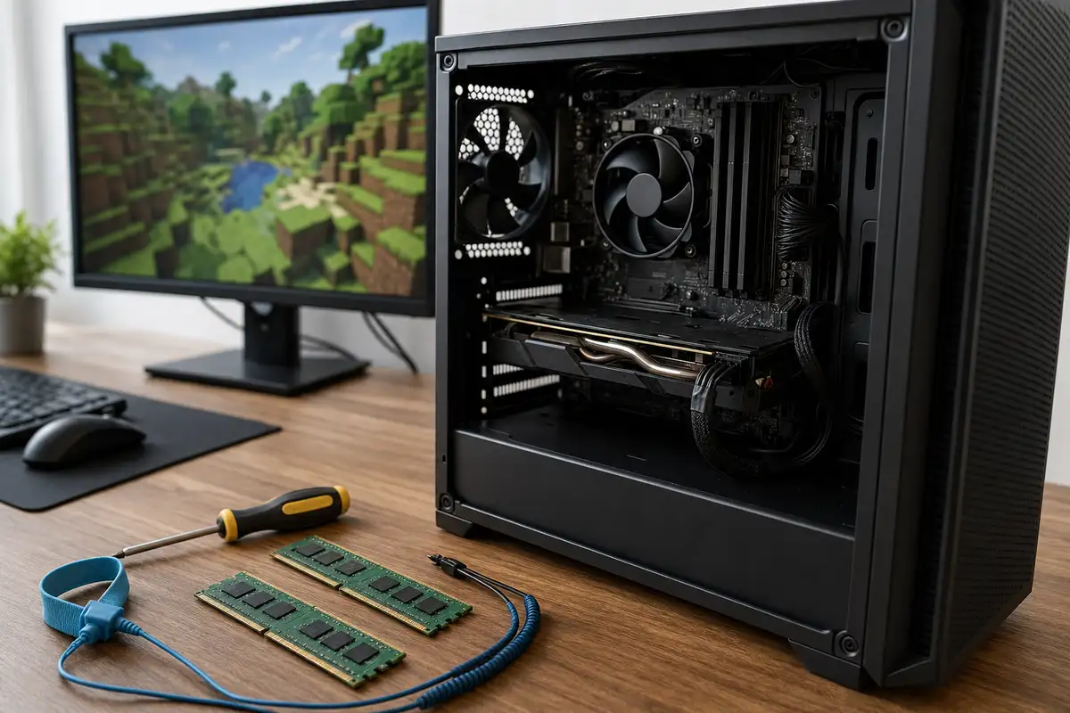PC desktop aperto con scheda video e RAM, moduli di memoria e cacciavite sulla scrivania, monitor con paesaggio a blocchi