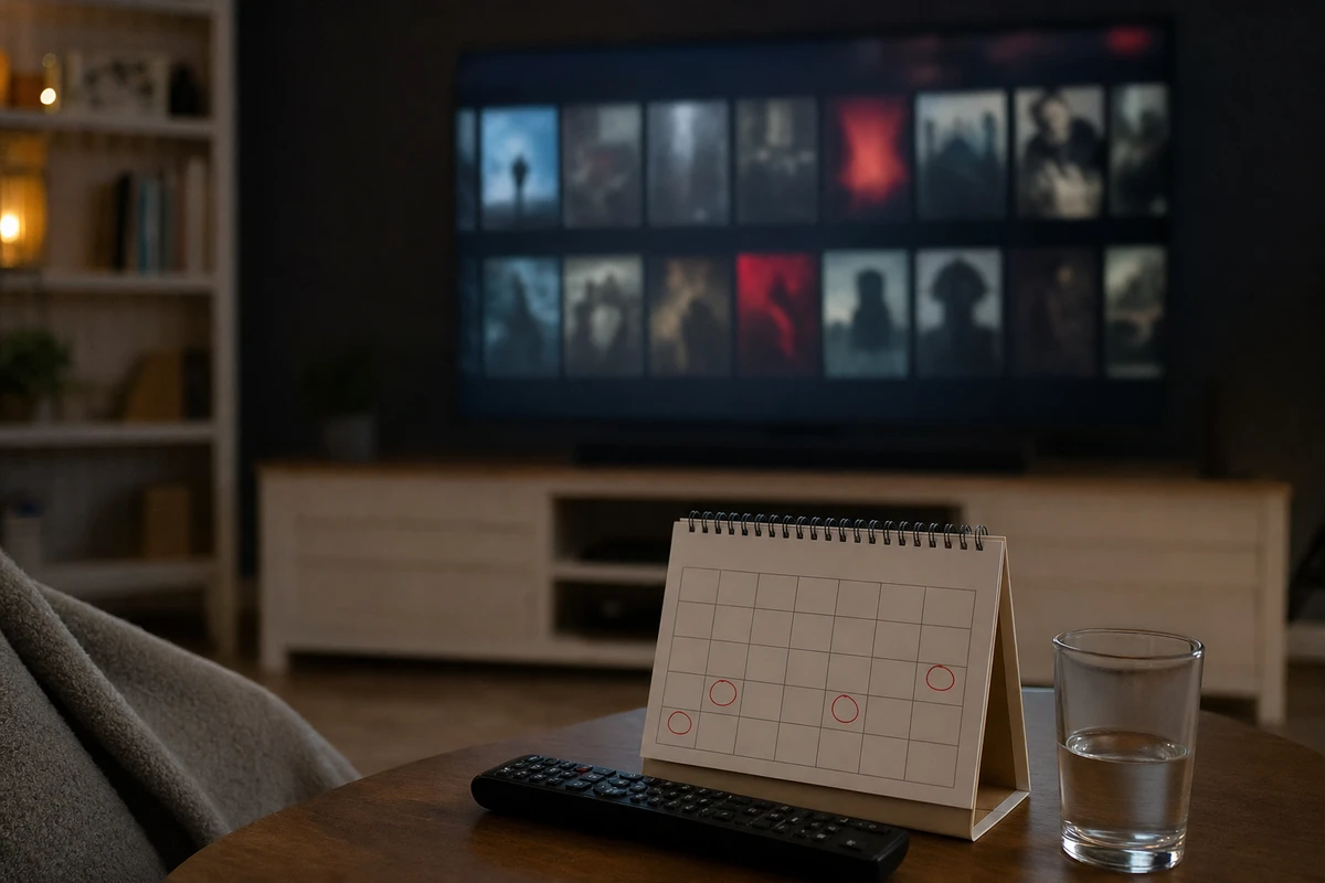 Telecomando e calendario con date cerchiate su un tavolino, TV sfocata con anteprime di streaming sullo sfondo