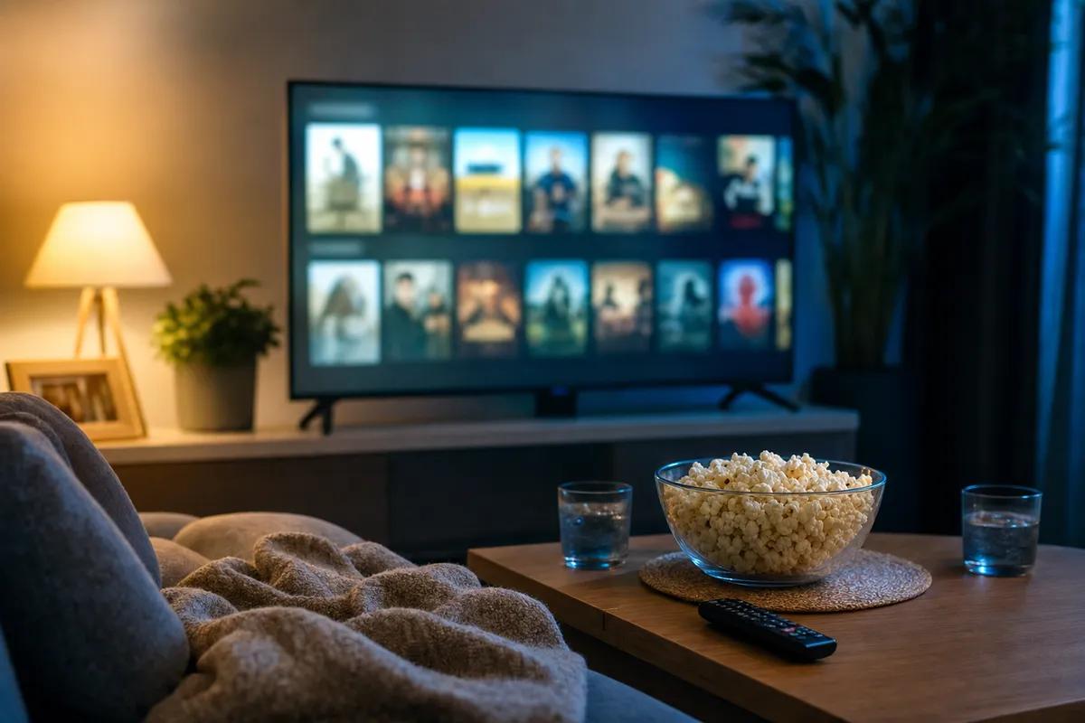 Salotto serale con TV su catalogo di film sfocato, ciotola di popcorn, telecomando e due bicchieri sul tavolino