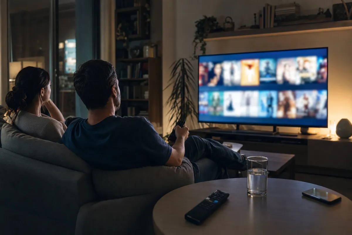 Coppia sul divano guarda una TV con interfaccia di streaming sfocata, con telecomando e bicchiere d’acqua sul tavolino