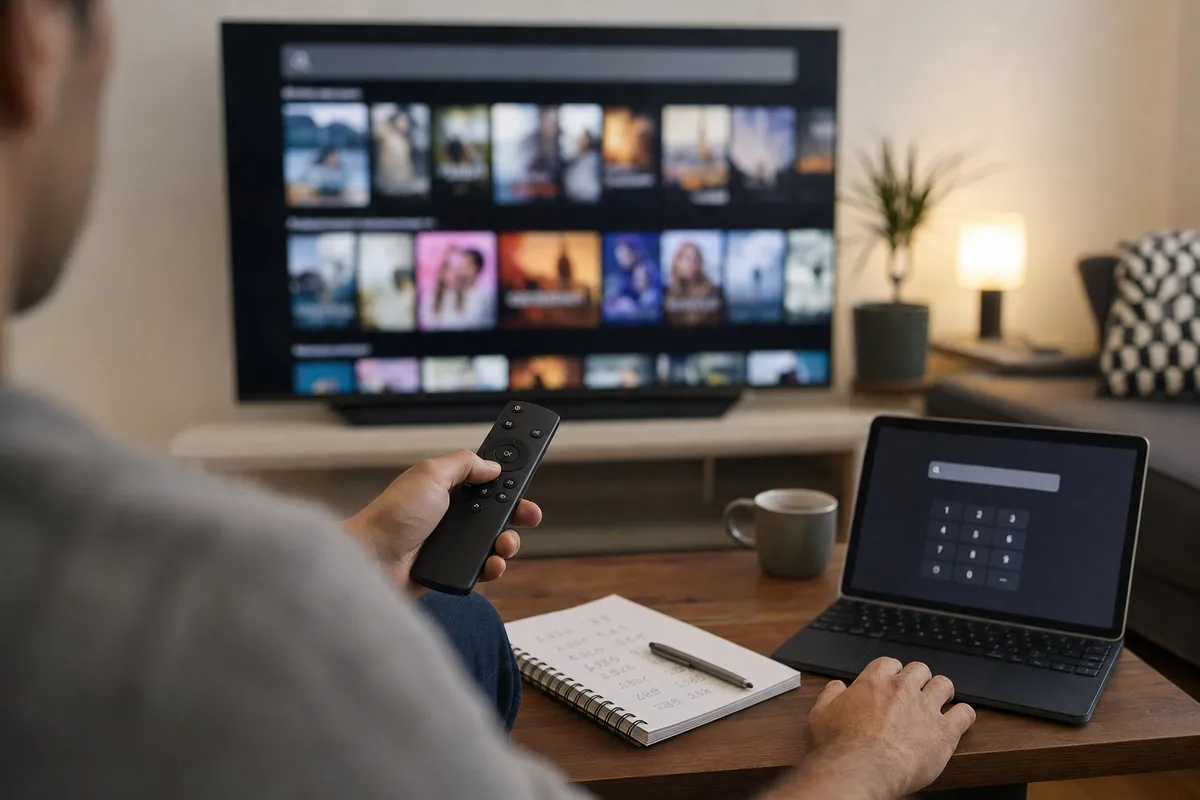 Persona con telecomando e laptop mentre cerca un codice numerico su una TV con catalogo streaming sfocato