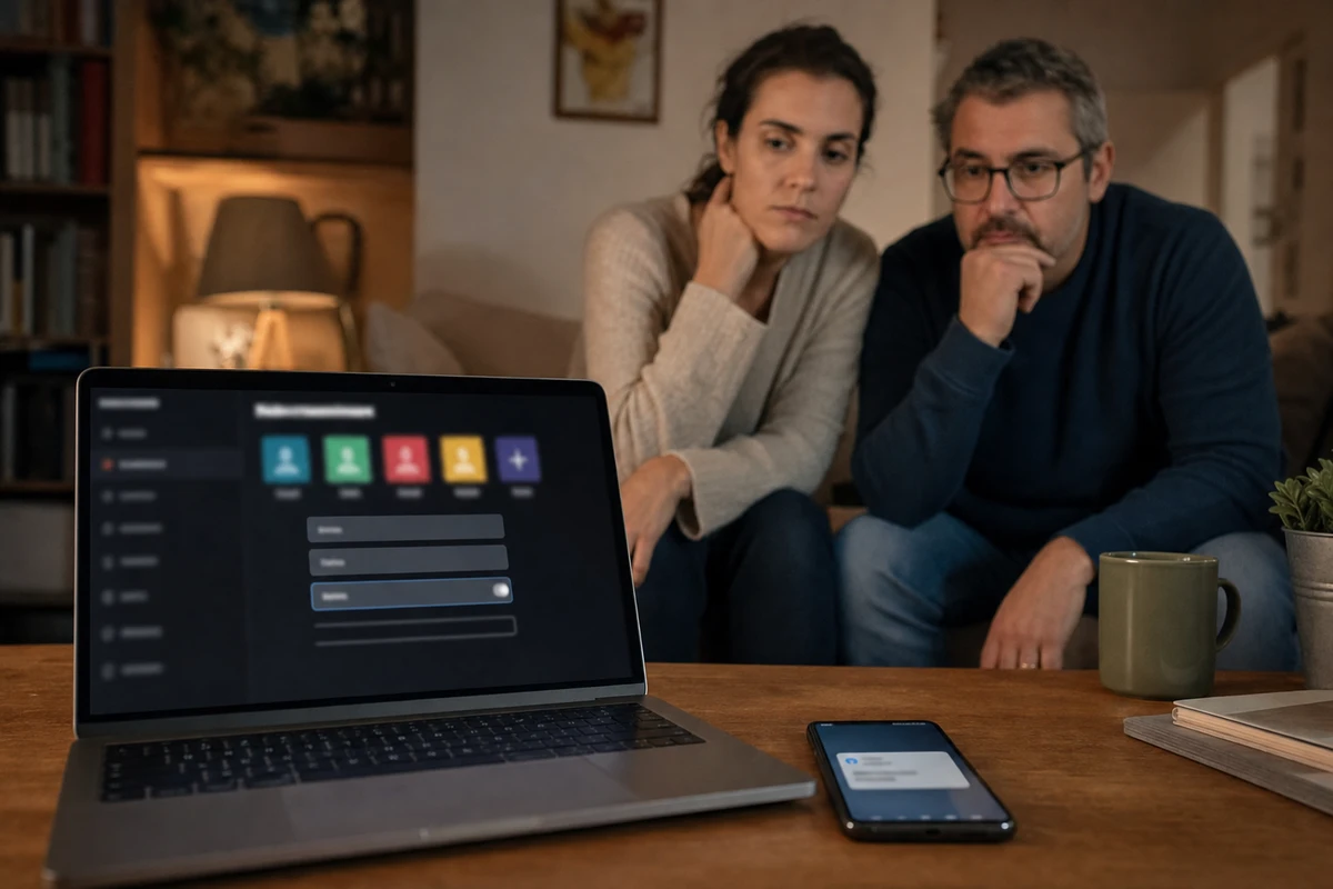 Laptop con schermata di profili e campi e-mail, smartphone con notifica, coppia sul divano in salotto